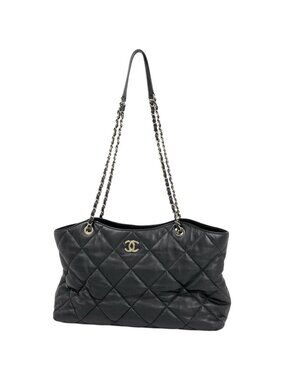 Chanel Tote CC Logo Quilted 2-Way Drawstring Leather Black